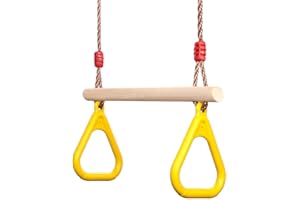 PELLOR Columpio Trapecio de Madera Multifunción para Niños con Anillos de Gimnasia de Plástico para Colgar Soporta hasta 160 kg