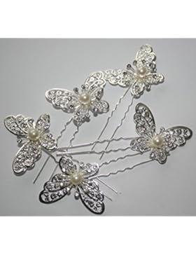 L.O.S Braut Haargesteck 5x Schmetterling Perlen Rispen Strass Haarschmuck Hochzeit LH15