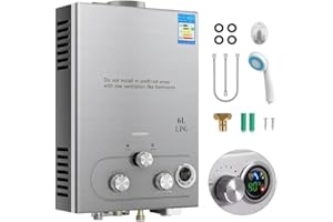 CARZIYER Chauffe-eau au gaz Propane gpl 7L/min (2.1 GPM),Chauffe-eau Instantané 14KW LPG avec une Pression d'Eau de Départ Très Faible de 0,2 bar,Fonctionne au Butane et Propane (argent)