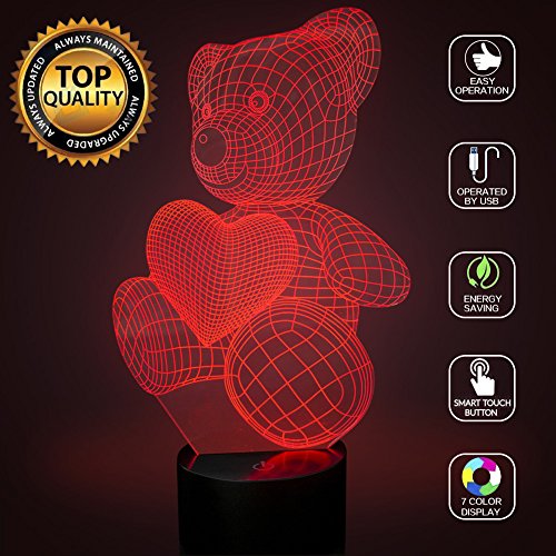 Liebe Herz Bär 3D Optische Illusions-Lampen, FZAI Tolle 7 Farbwechsel Acryl berühren Tabelle Schreibtisch-Nachtlicht mit 150 cm USB-Kabel für Kinder Schlafzimmer Weihnachten Geburtstagsgeschenke