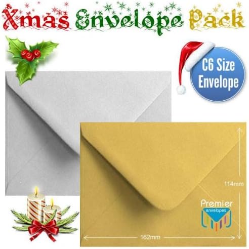 50 Shiny Gold Silver Xmas Card Envelopes Metallic C6 Gummed Christmas Card Envelopes