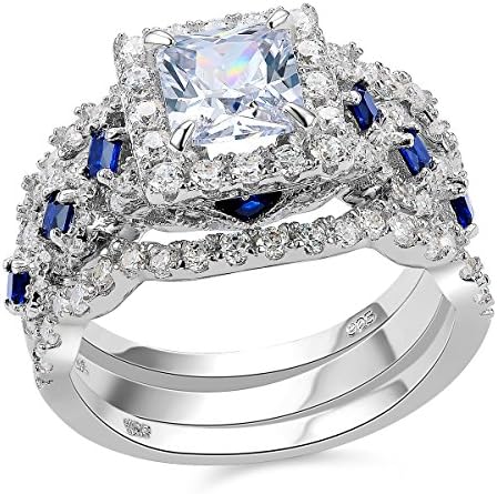 Newshe 3pcs 2.5ct Princess White Cz Blue 925 Sterling Silver Wedding Engagement Ring Set Size J 1/2