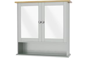 DUEPEKT Bathroom Cabinet Mirrored With Double Doors, Organiser Wall Mounted, With Adjustable Shelves, Modern Storage Cupboard Furniture, Mirror Cabinet Cupboard MDF Light Grey (58 x 56 x 13cm)