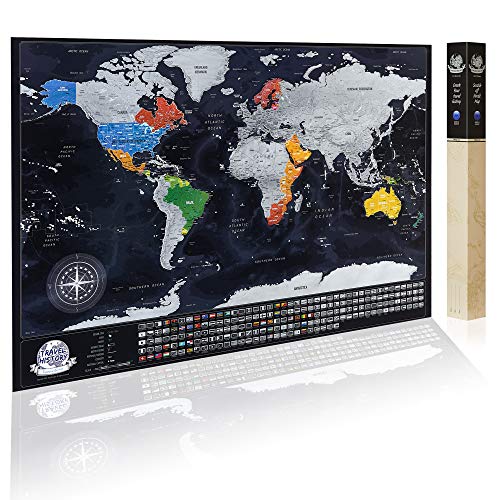 Carte du monde à gratter personnalisée - Carte de voyage Scratchable détaillée avec 196 drapeaux de pays, couleurs vibrantes, grand Scratchable World Map cadeau pour tout voyageur.