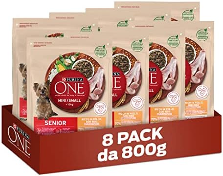 PURINA ONE Mini Small Senior Crocchette per Cani Adulti con Pollo e Riso 8 Sacchi da 800g