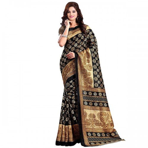 Kanchan Women Wedding Cotton Silk Printed Saree For Ladies & Girls (Black Queen_Multi-Coloured)