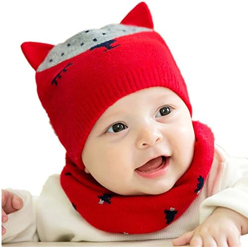 ComfortableBABY Baby Winter Beanie Newborn Skull Caps Girls Boys Knitted Hat with Cute Warm Scarf … (Red)
