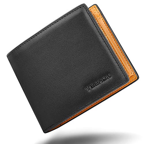 Wallets Mens RFID Blocking Genuine Leather Bifold Mens Wallet with High Capacity - 17 Card Holders & 2 Banknote Compartments & Coin Pocket, TEEHON Wallet for Men with Gift Box - Black & Yellow