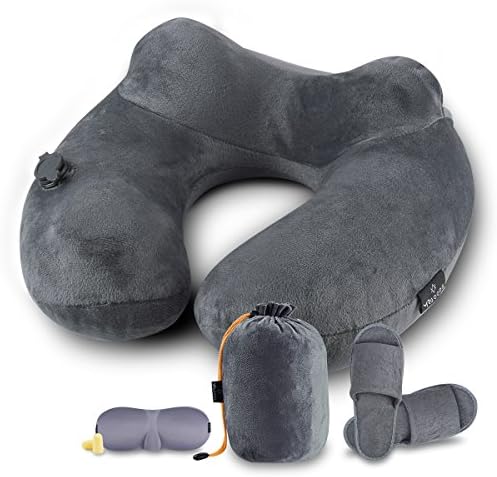 Mr Goods 4in1 Plane – Push Button Travel Pillow – Neck Pillow Travel Accessory Set for Good Night Premium Sleeping Mask, Ear Plugs and comfortable slippers, Perfect for Travel/Camping
