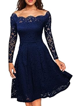 Miusol Damen Vintage 1950er Off Schulter Cocktailkleid Retro Spitzen Schwingen Pinup Rockabilly Kleid Rot/Navy...