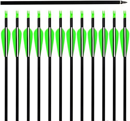 YJL PMSM Green and White 31" Adult Hunting/Targeting Practice Carbon Fiber Arrows With 3" Plastic Vanes Feathers and Replacement Screw-In Field Points For Traditional Bow Recurve Bow Longbow 12PCS