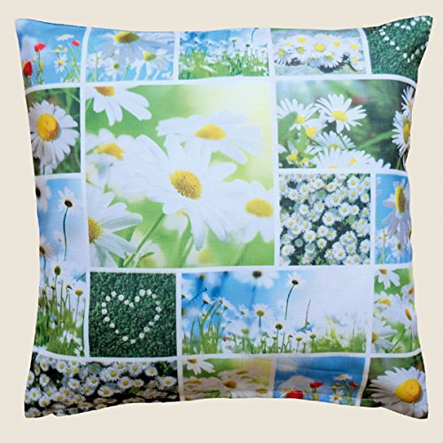 Zauberhafte Serie "GÄNSEBLÜMCHEN" mit wunderschönen Gänseblümchen, Margeriten und Mohnblumen im zauberhaften Patchworkstil - moderner Fotodruck - Leinenoptik - ein EYECATCHER in jedem Wohnbereich - Fotoprint - Frühling (Kissenhülle 40x40 cm)
