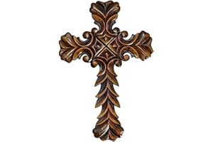 Ajuny Wooden Wall Cross Mango Wood Hand Carved Leaf Burnt Finish Design Christian Wall Hanging Vintage Religious Catholic Prayer Cross for Church Chapel Living Room Altar & Hallway Décor (12x17.5 In)
