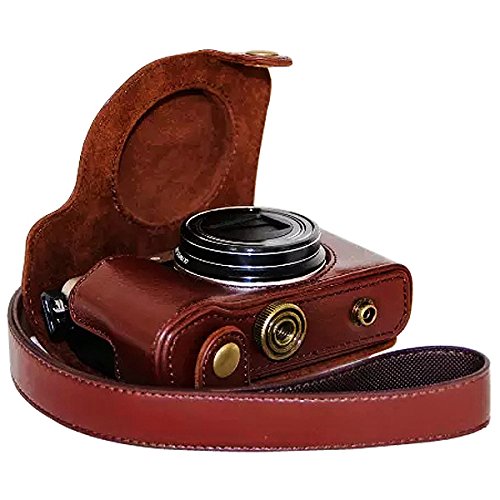 First2savvv XJPT-SH1-10 Funda Cámara cuero de la PU cámara digital bolsa caso cubierta con correa para Olympus SH-1 SH1 marron oscuro