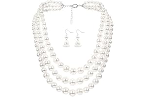 Borsgye Pearl Strand Choker Necklaces Pearl Statement Round Beads Necklace Bib Big Simulated Pearl Women's Faux Pearl Choker 20s Flapper for Brides Wedding Anniversary with Earrings - 6410