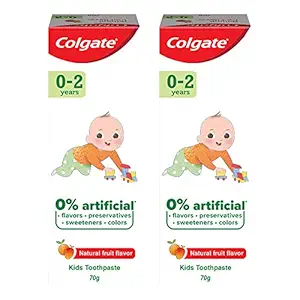 Colgate Toothpaste for Kids (0-2 years), Natural Fruit Flavour, Fluoride Free,SLS Free - (70gX2 Tube) Po2, 0% artificial preservatives, colors or sweetners