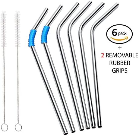 Stainless Steel Drinking Straws, removable natural rubber grips for scratch and noise free use + 2 cleaning brushes, 6 silver metal reusable bent straw with protective silicone ring Food grade 18/8 Eco friendly (2)