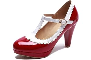 Mode Kvinnor Mary Jane Skor T-Band Högklackat Rosett Plattform Rund Tå Pumps Läder Sommar Högklackat Oxfords Lolita Skor (Col