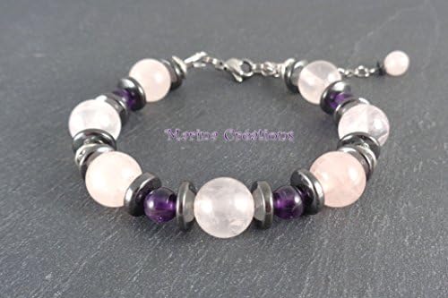 Rose quartz 10mm, amethyst 6mm, hematite spacers genuine gemstones bracelet, tibetan silver cups