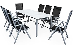 Casaria® Gartenmöbel Set 8 Stühle mit Tisch 190x90cm Aluminium Sicherheitsglas Wetterfest Klappbar Modern Terrasse Balkon Möbel Sitzgruppe Garnitur Bern