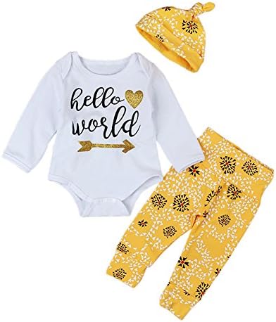 HBER 0-24M Newborn Baby Girl Clothes Hello World Long Sleeve White Bodysuit Romper + Yellow Trousers + Hat 3Pcs Outfits Sets