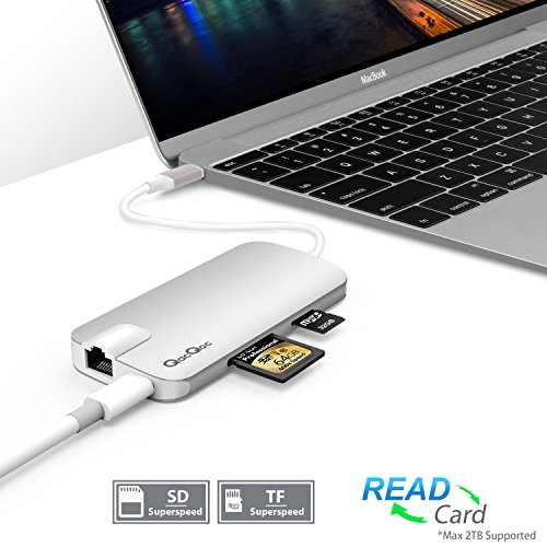 USB C Hub QacQoc USB C Adapter mit Typ C Ladeanschluss, HDMI Port, Gigabit LAN, SD-Kartenleser, Micro SD-Kartenleser, 3 USB 3.0 Port für Typ C Geräte wie MacBook, MacBook Pro, Google Chromebook (Silber) - 4