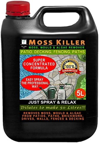 5 Litres TRADEFARMNI MOSS KILLER - Super Concentrated Liquid Green Mould, Moss and Algae Cleaner For All Hard Surfaces. Decking, Paving, Brickwork, PVC, Greenhouses, etc. Just Spray and Relax - BLACK