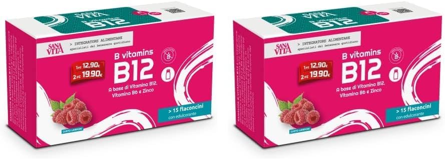 Sanavita B12 Integratore alimentare con B12, B6 e Zinco - 15 flaconcini liquidi per confezione Gusto lampone (Confezione da 2)