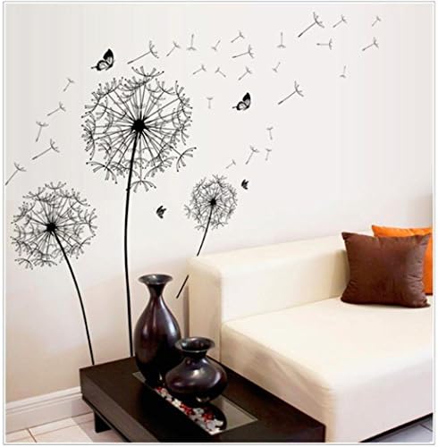 Quistal Wall Sticker Dandelion Butterfly Stickers Removable Mural PVC Creative Home Decor Removable For Kids Home Living Room House Bedroom Bathroom Kitchen Office Home Decoration (Black)