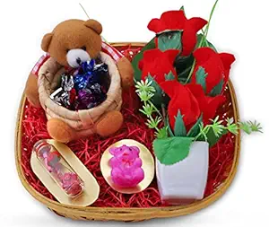 Valentines Day gift for boyfriend/girlfriend/Valentines Day chocolate gift-Decorated basket+Soft Teddy Bear Basket Filled with Chocolates+Flower vase+teddy shaped candle+Message bottle+valentines card