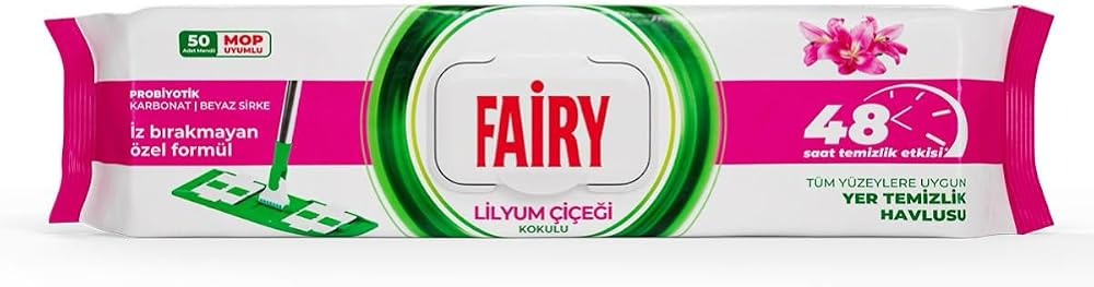 Fairy Çok Amaçlı Mop Uyumlu Yer Temizlik Havlusu 50 Yaprak | Lilyum Çiçeği| Beyaz Sirke & Karbonat | 48 Saat Temizlik Etkili | İz Bırakmayan Formül