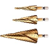 Spiral Grooved Step Drill Bit Set, High Speed Steel Titanium Coated, 4mm to 12/20/32 mm (5/32" to 5/4") Hex Shank Metric, HSS