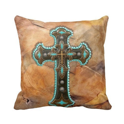 Turquoise And Brown Cross On Leather Print Throw Pillow Case Personalized 18x18 Inch Square Cotton Throw Pillow Case Decor Cushion Covers by deardeer