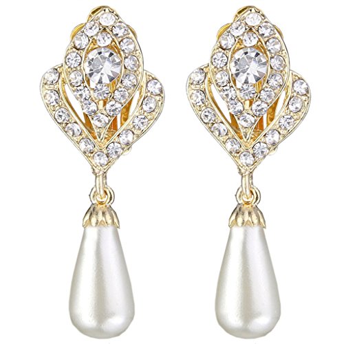 EVER FAITH® - Oro-Tono Cristal Austriaco Crema Perla Simulada Flor Bud clip Colgado Pendientes Claro N03405-3