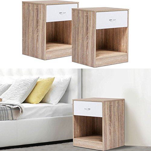 spécification IDMarket - Lot de 2 Tables de Chevet Bois façon hêtre tiroir Blanc