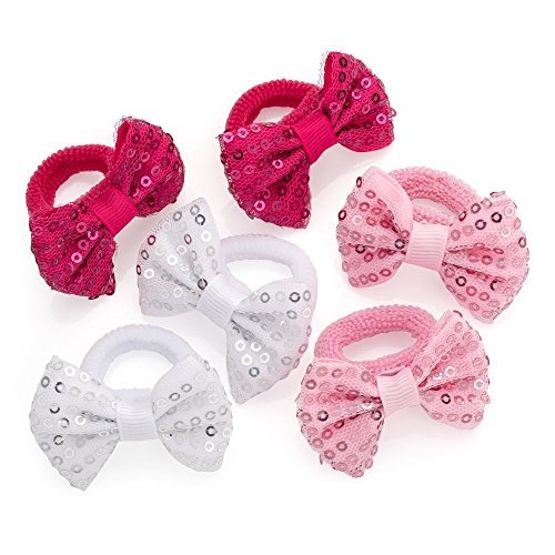3 Pairs Pink Tones and White Sequin Ribbon Bow Motif Hair Ponios Elastics Bobbles Bands