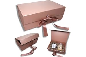 JAZLAX Large Luxury Gift Box for Presents Size 33x22x11cm, Magnetic Gift Box with Tissue Paper Birthday Wedding Bridesmaid Groomsman Anniversary Valentines Baby Gift (Rose Gold with Ribbon)