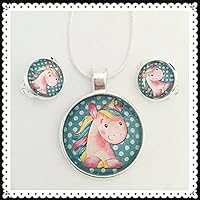 Schmuck-Set Glas-Cabochon Einhorn + Pünktchen mit Ohrringen und 925 echt silber Hals-Kette wahlweise Ohrclips oder Ohrstecker / Ohrhänger 25mm+12mm Motiv handgefertigt by Schmuckphantasien Kinder