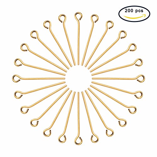 PH PandaHall 200PCS Open Eyepins Headpins Gold Plated Brass Eyepins Jewellery Pins for Beading Earring Necklace Pendant Jewery Making DIY Crafts Golden, 20x0.7mm, Hole: 2mm