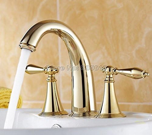 Luxury Gold Color Brass Three Hole Deck Mounted Widespread Bathroom Basin Sink Faucet Vessel Sink Dual Handles Mixer Taps Wnf237,Brass,Yellow