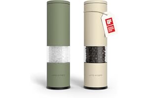 LARS NYSØM Juego de 2 molinillos de sal y pimienta manuales con molinillo de cerámica ajustable de grueso a fino I Juego de molinillos de especias de diseño (Green/Beige)
