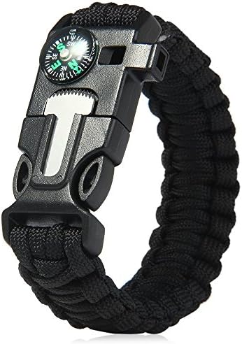 Wooboo 5 in 1 Outdoor Survival Gear Escape Paracord Bracelet Flint Whistle Compass Scraper (Black)