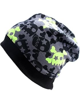 WOLLHUHN ÖKO Leichte Beanie-Mütze mit coolen Skulls in grau / grün für Jungen und Mädchen (aus Öko-Stoffen, bio...