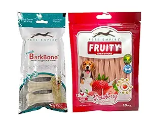 Pets Empire Fruity Chewy Sticks Pest Dental Stick Dog Treats Provides Health Benefits Strawberry Flavor Weight 120 GMS + Pets Empire Pressed Dog Bone, (Small 2-Inch) 2 Inch Bone X 6 Pcs