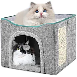 Ginkko Cat Beds for Indoor Cats, Cat Cube Foldable Cat House with Ball Hanging and Scratch Pad, Soft and Self Warming Cat Beds & Furniture, 16.5x16.5x14.2 inches