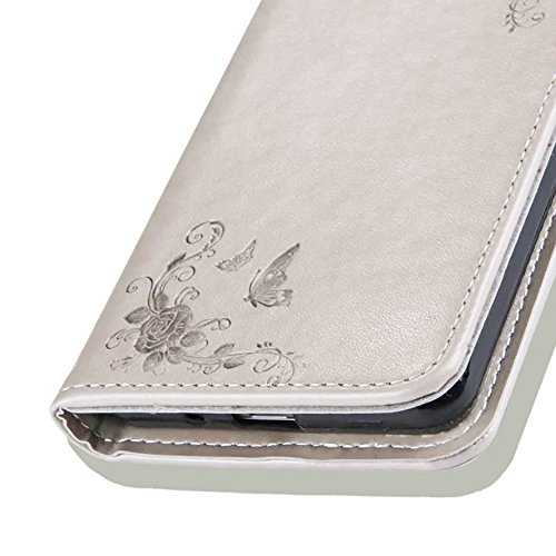 SKYXD Leder Hülle für Samsung Galaxy J3 2016 Rosen Blumen und Schmetterlings Muster,PU Folio Klappbar SchutzHülle [Brieftasche Kartenfach / Magnet / Standfunktion / Trageschlaufe] KlappHülle für mit [Koala Handyanhänger + Eingabestift] 3 in 1 Zubehör Set Handy Tasche Etui for für Samsung Galaxy J3 2016 J320F J3 Duos Bookstyle Flip Case Leather Cover With [Stylus and Dust Plug]- Grau - 6