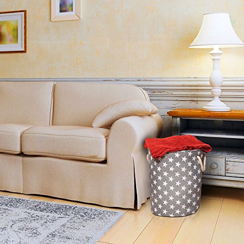 Grauen Aufbewahrungsbox aus Leinen mit Sternen Muster – qualitativ hochwertiger Korb zur Aufbewahrung im Haushalt mit weiß Sternen. 40cm Durchmesser x 45cm Höhe - 9