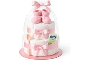 ‎HOMERY Windeltorte Mädchen 2 stöckig in Rosa mit Babysocken, Geschenke zur Geburt für die Mutter, Taufe oder Baby-Party - Geschenkidee mit neugeborene Windeln - Inklusive Glückwunschkarte