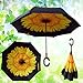 Produktbild Windproof Reverse Fold Double Layer Umgekehrten Regenschirm & Self Standing Inside Out Regenschutz Regenschirm mit C-förmigen Händen Free Handle Traveling Auto Verwendung von Newpurslane. (Schwarz + gelbe Sonnenblume)