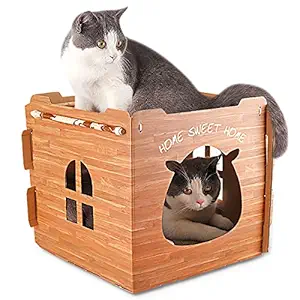 Fuzzy Pixie Corrugated Cardboard Cat House & Scratcher for Indoor Cats with Hammock, Pet Cubes Condos Bed Cave with Scratching Pad & Catnip, Hideaway Kitten Supplies, Birthday Gifts for Small Cats